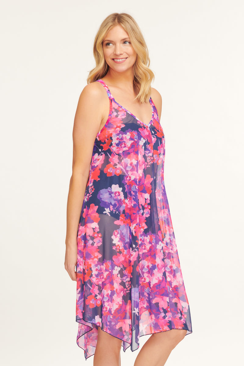 Mid Length Flowy Mesh Coverup Tank Dress in Garden Blossom