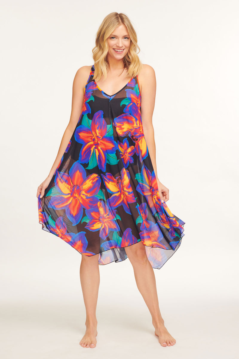 Mid Length Flowy Mesh Coverup Tank Dress in Painted Lillies