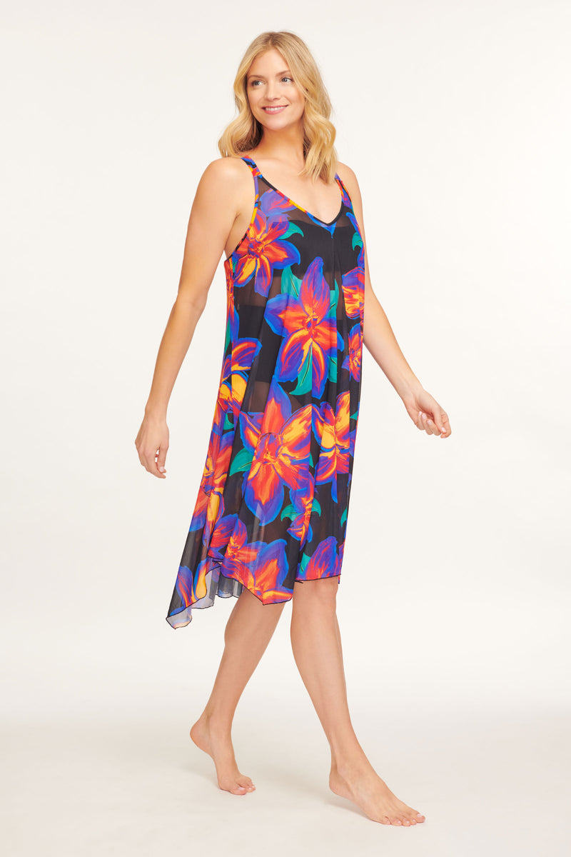 Mid Length Flowy Mesh Coverup Tank Dress in Painted Lillies