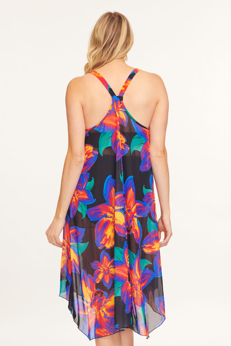 Mid Length Flowy Mesh Coverup Tank Dress in Painted Lillies
