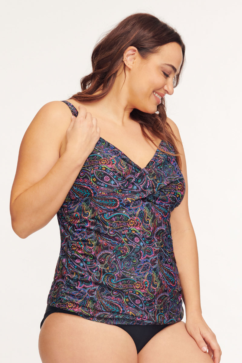Plus Size Wrap Front Tankini Top in Embroider Paisley