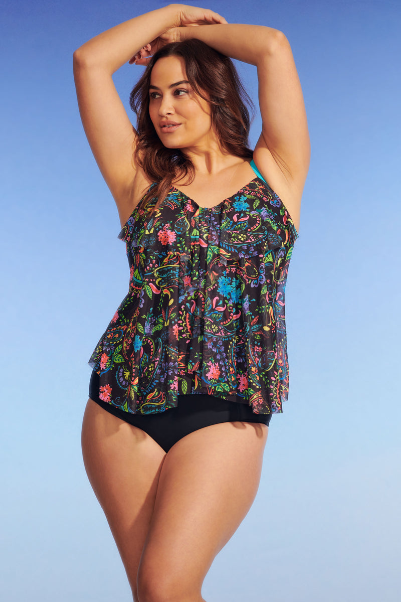 Plus Size Draped Tier Mesh Tankini Top in Paisley Bloom