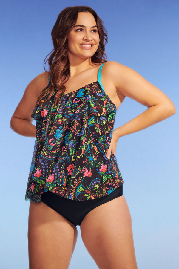 Plus Size Draped Tier Mesh Tankini Top in Paisley Bloom