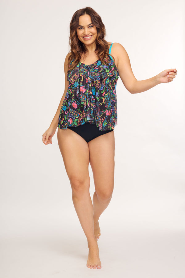 Plus Size Draped Tier Mesh Tankini Top in Paisley Bloom
