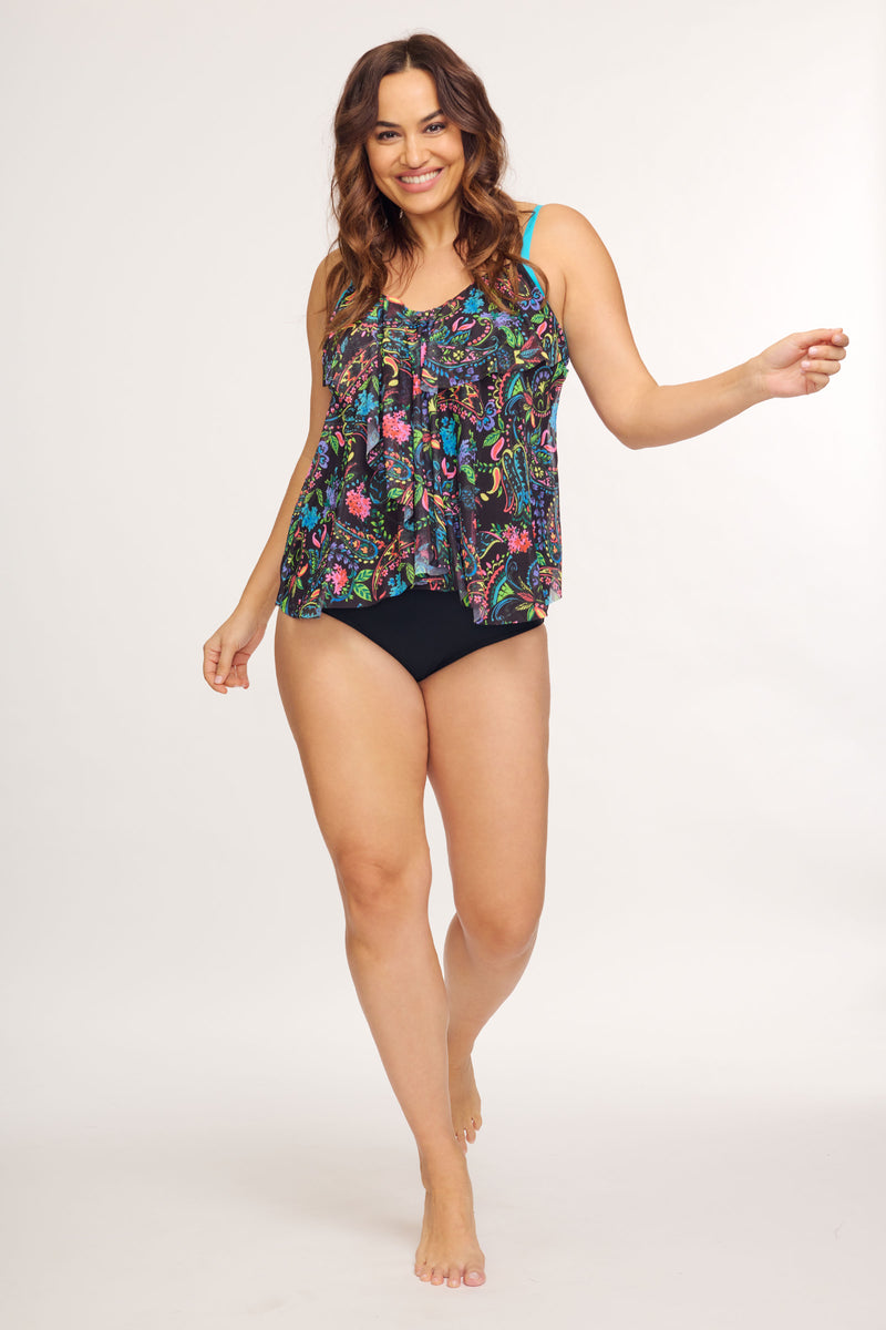 Plus Size Draped Tier Mesh Tankini Top in Paisley Bloom