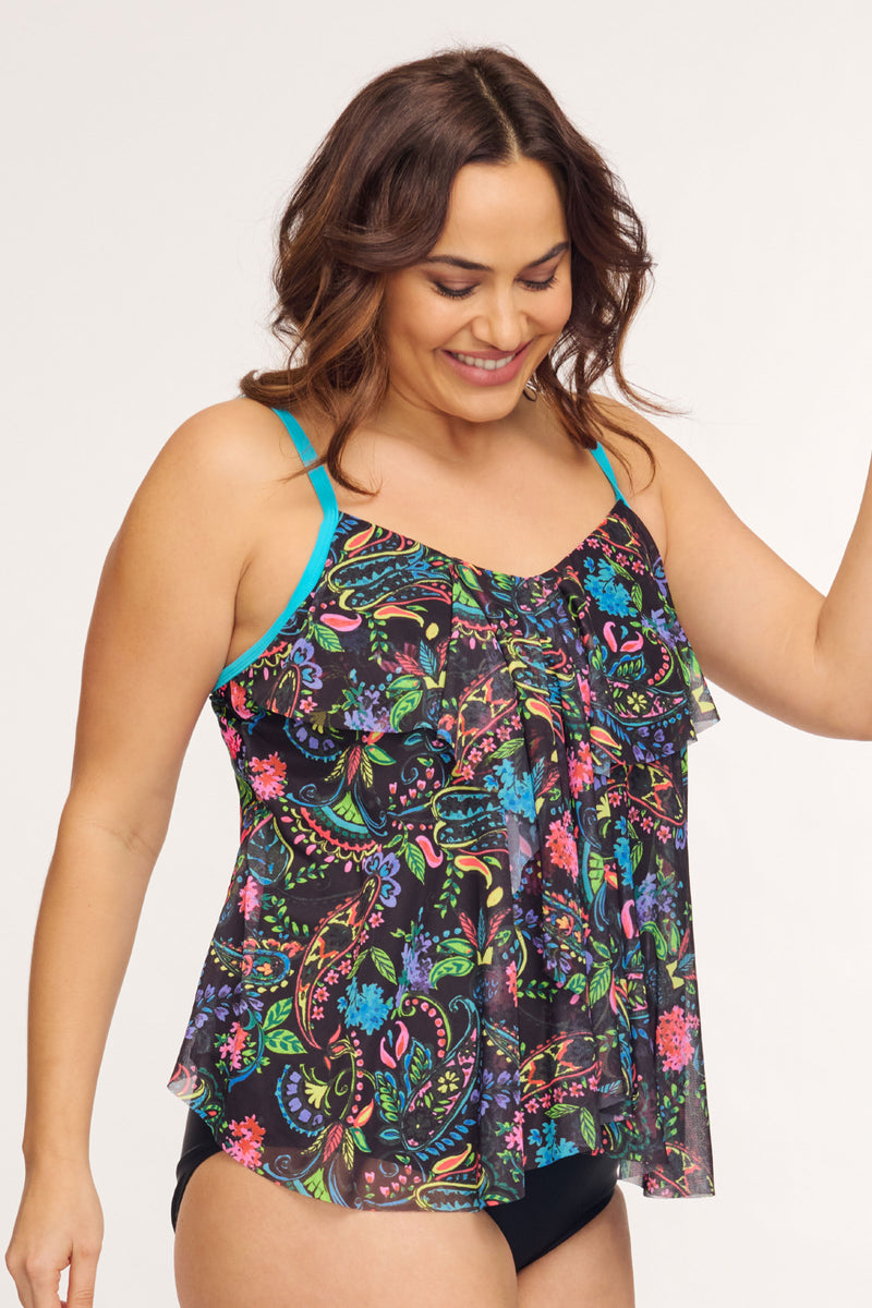 Plus Size Draped Tier Mesh Tankini Top in Paisley Bloom