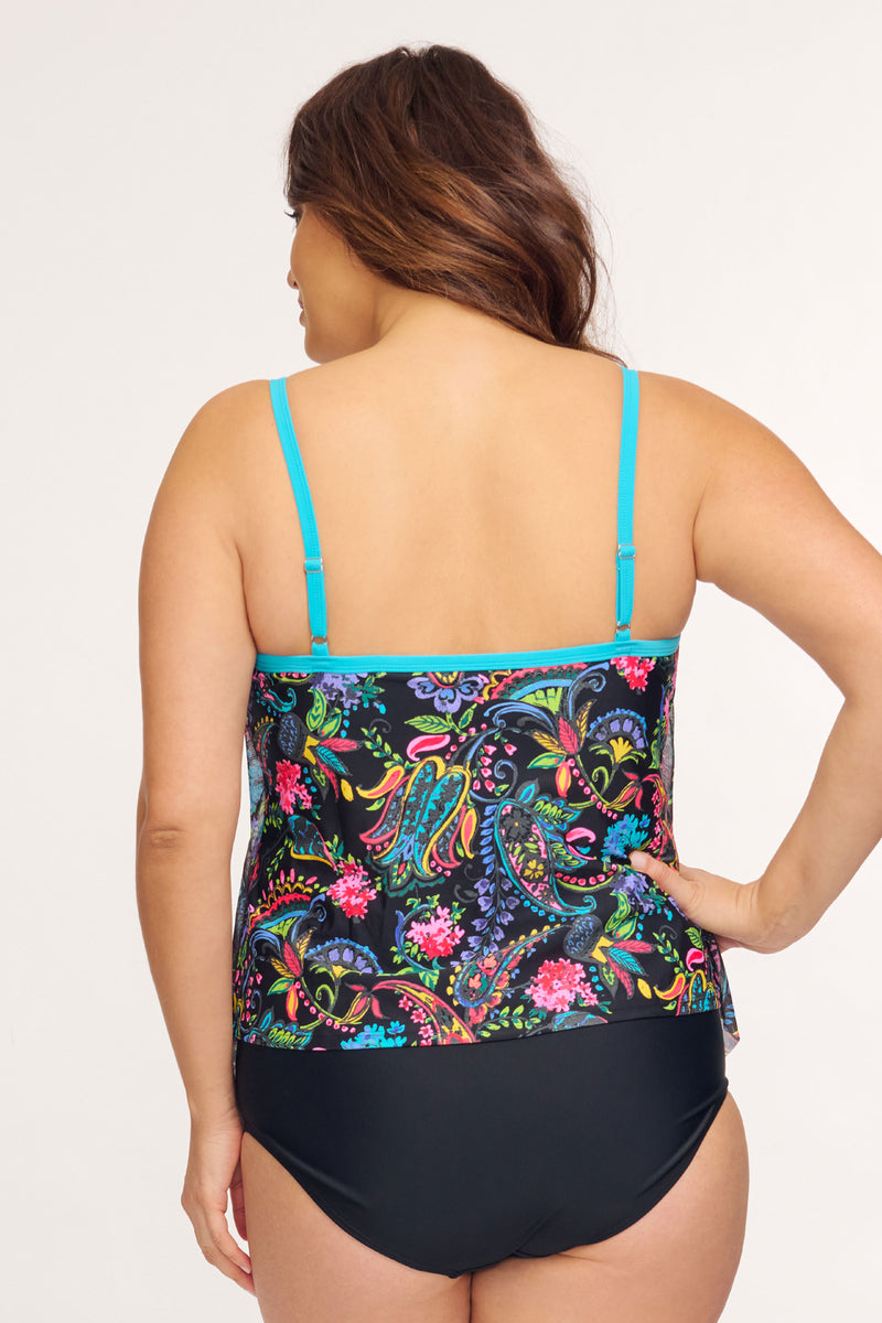 Plus Size Draped Tier Mesh Tankini Top in Paisley Bloom