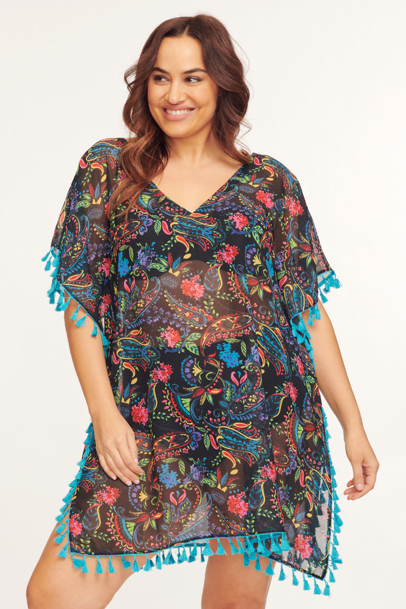 Plus Kaftan Coverup with Tassel Trim in Paisley Bloom