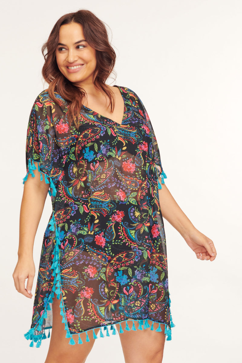 Plus Kaftan Coverup with Tassel Trim in Paisley Bloom