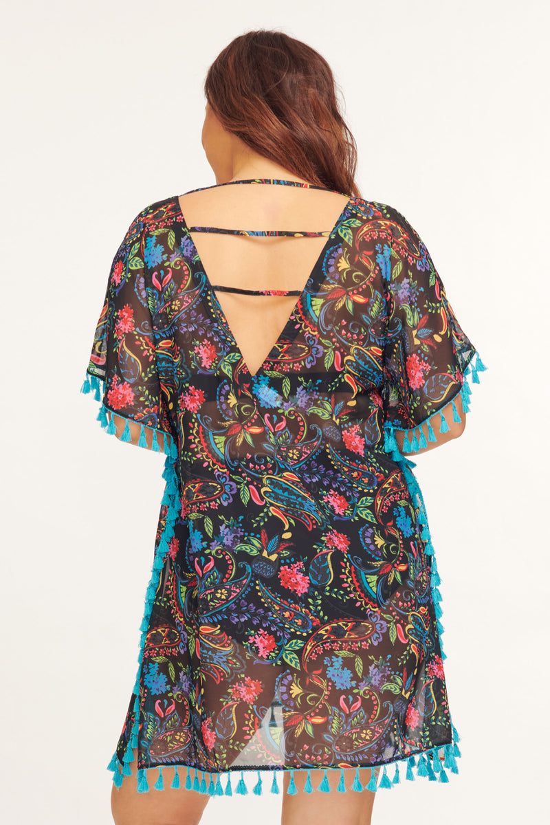 Plus Kaftan Coverup with Tassel Trim in Paisley Bloom
