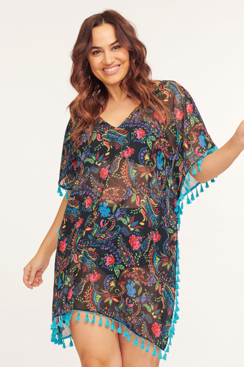 Plus Kaftan Coverup with Tassel Trim in Paisley Bloom