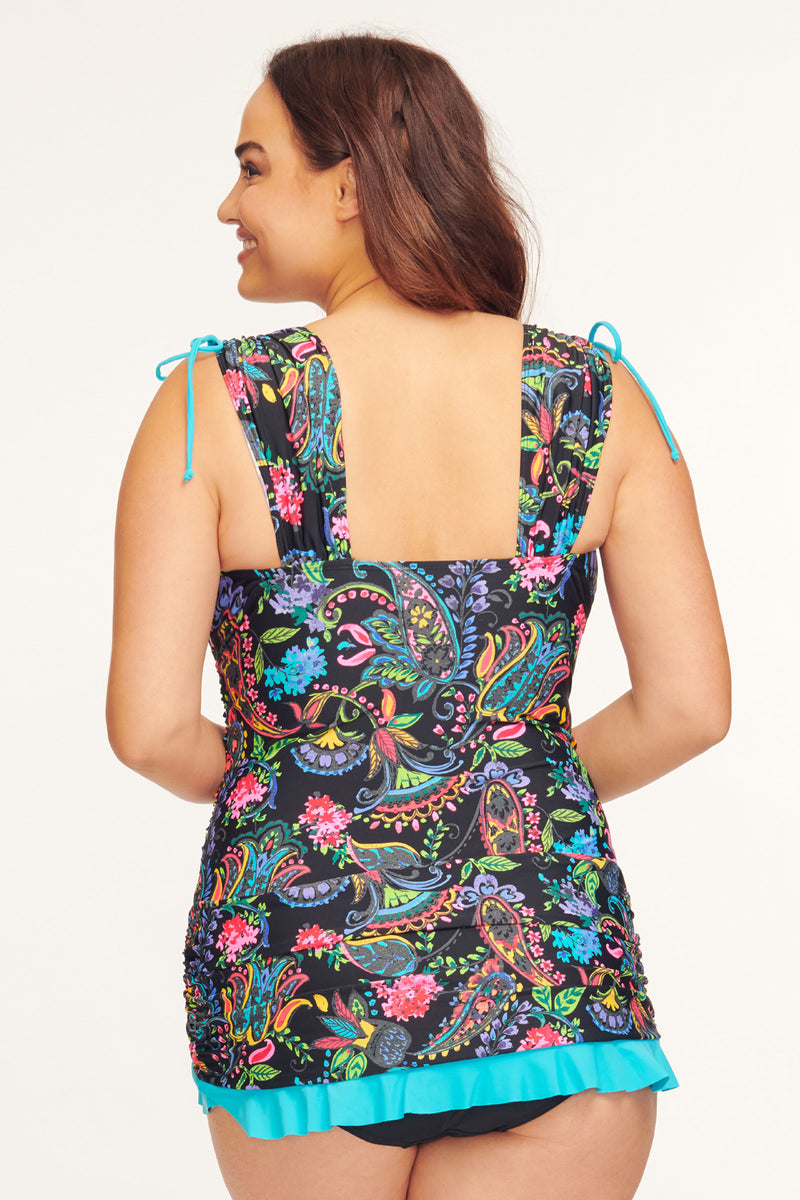 Plus Size Grecian Skater Ruched One Piece Swimdress in Paisley Bloom Black