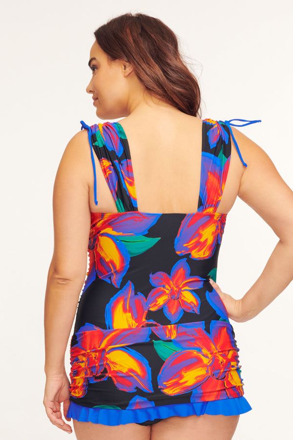 Plus Size Grecian Skater Ruched One Piece Swimdress in Painted Lillies