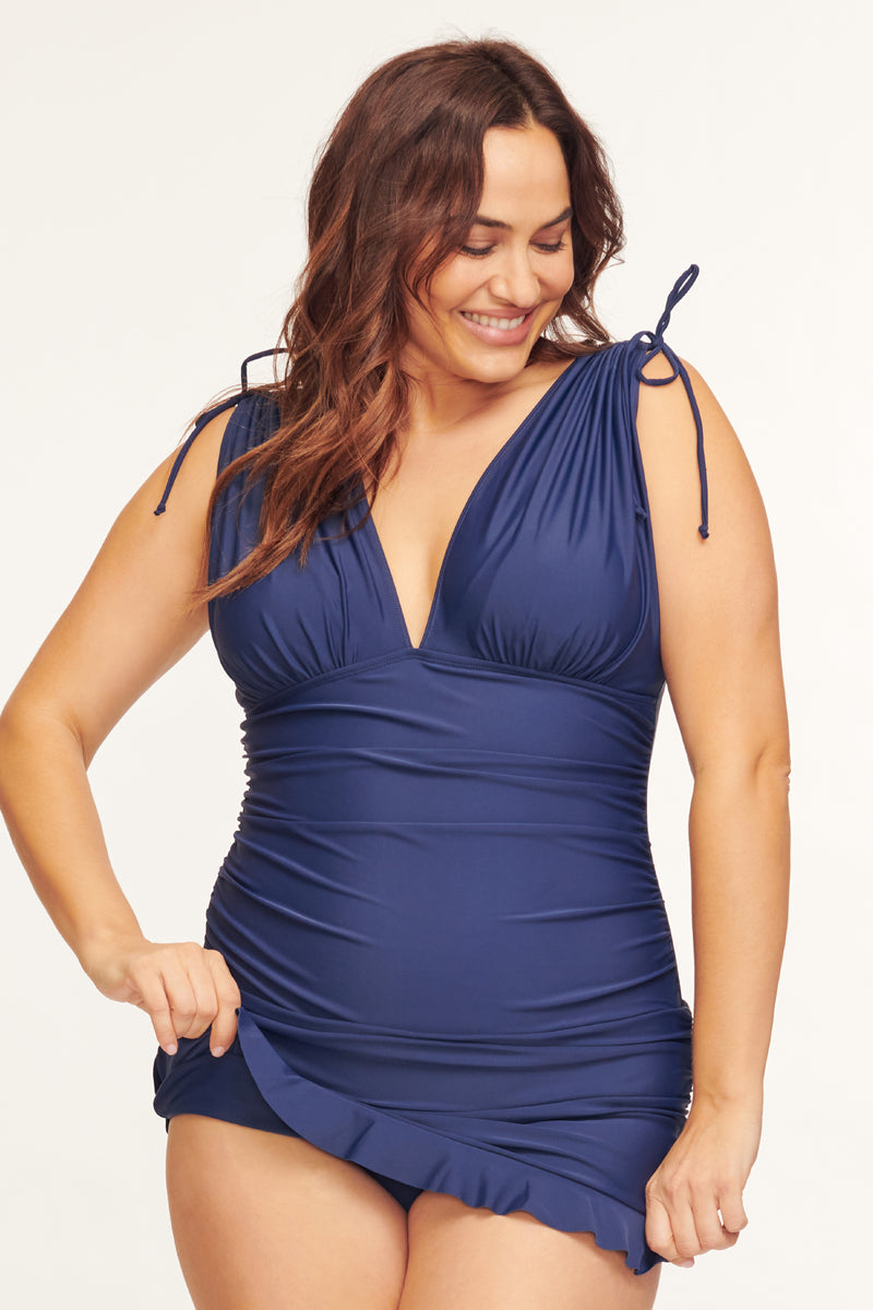 Plus Size Grecian Skater Ruched One Piece Swimdress in Solid Navy