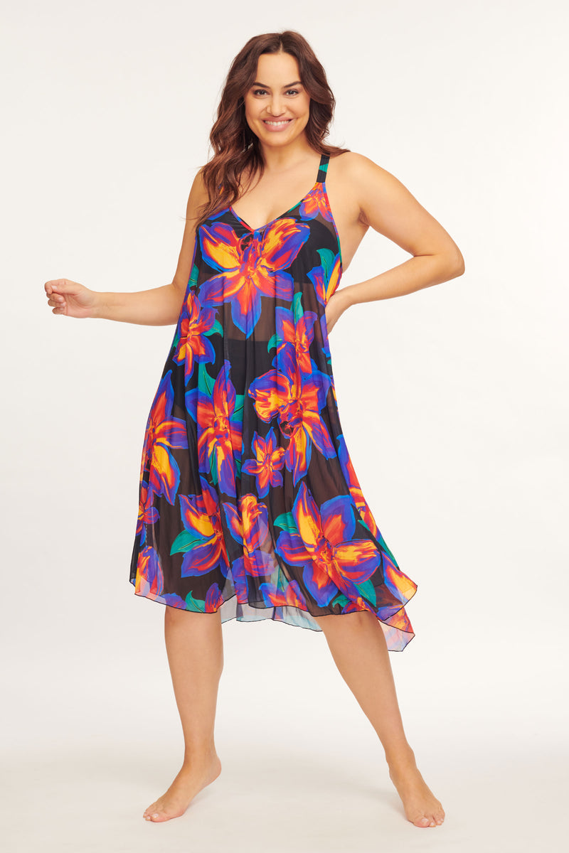 Plus Size Mid Length Flowy Mesh Coverup Tank Dress in Painted Lillies