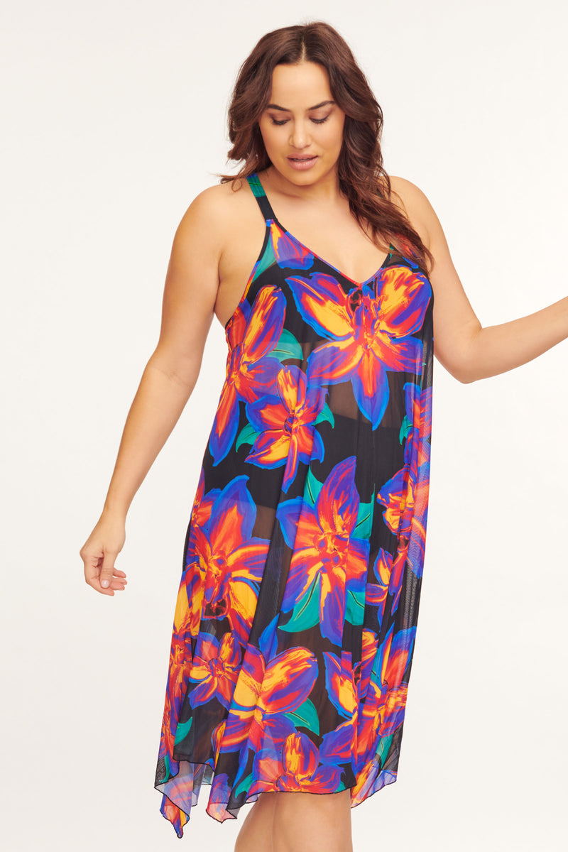 Plus Size Mid Length Flowy Mesh Coverup Tank Dress in Painted Lillies