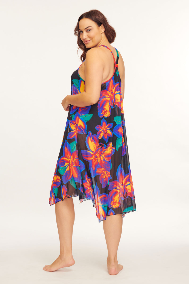 Plus Size Mid Length Flowy Mesh Coverup Tank Dress in Painted Lillies