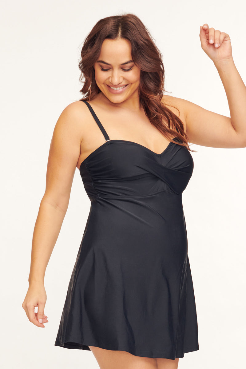 Plus Size Twist Front A-Line Swimdress One Piece in Solid Black