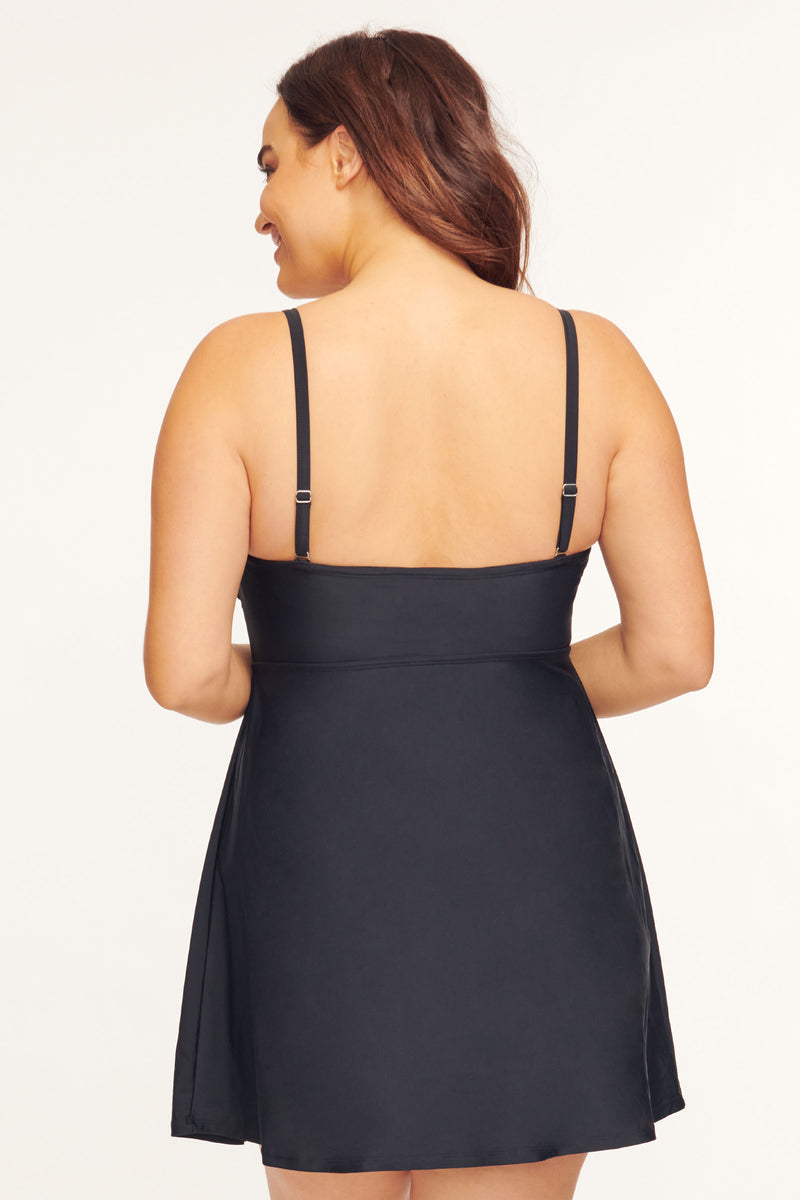 Plus Size Twist Front A-Line Swimdress One Piece in Solid Black