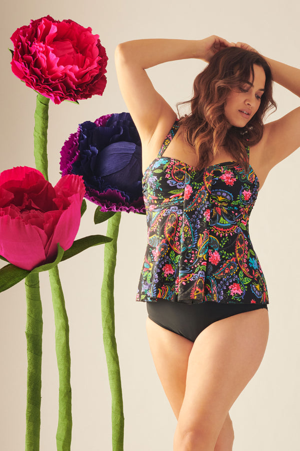 Plus Size Drape Bandeau Tankini Top in Paisley Bloom