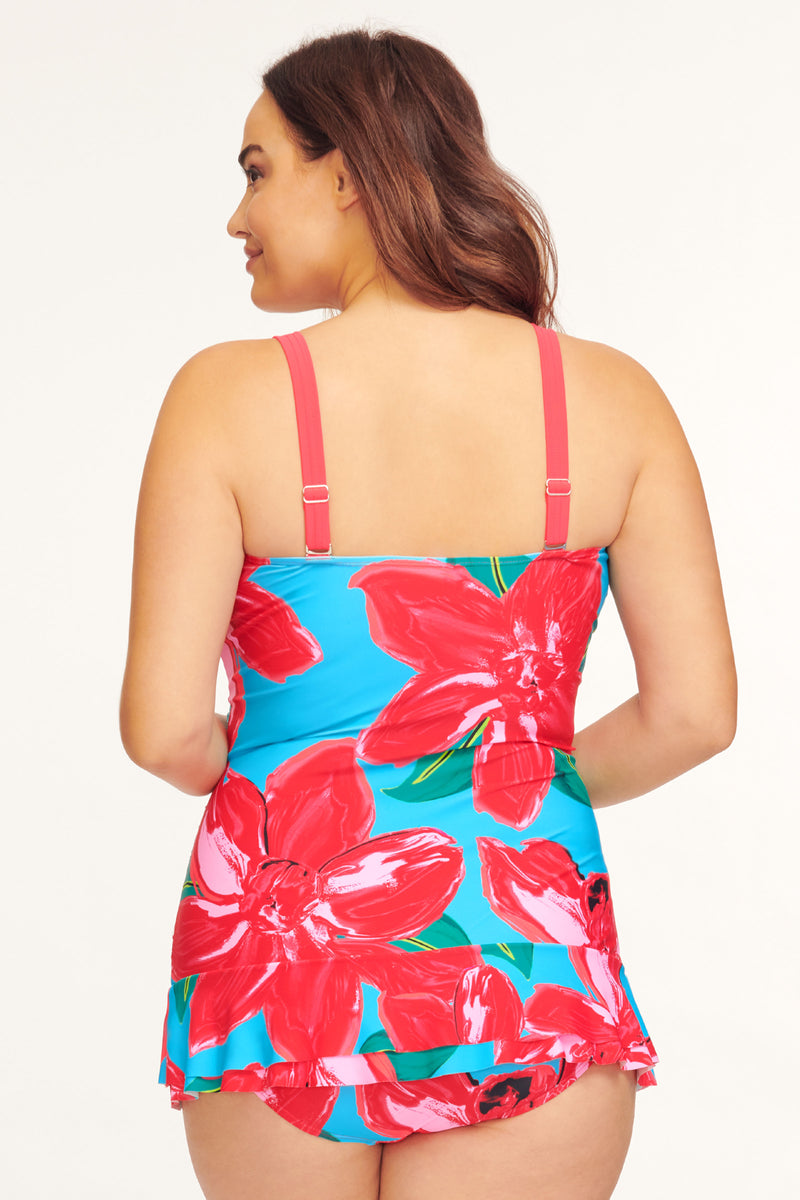 Plus Size Shirred One Piece Skater Swimdress in Painted Lillies