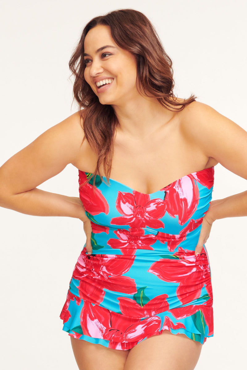 Plus Size Shirred One Piece Skater Swimdress in Painted Lillies