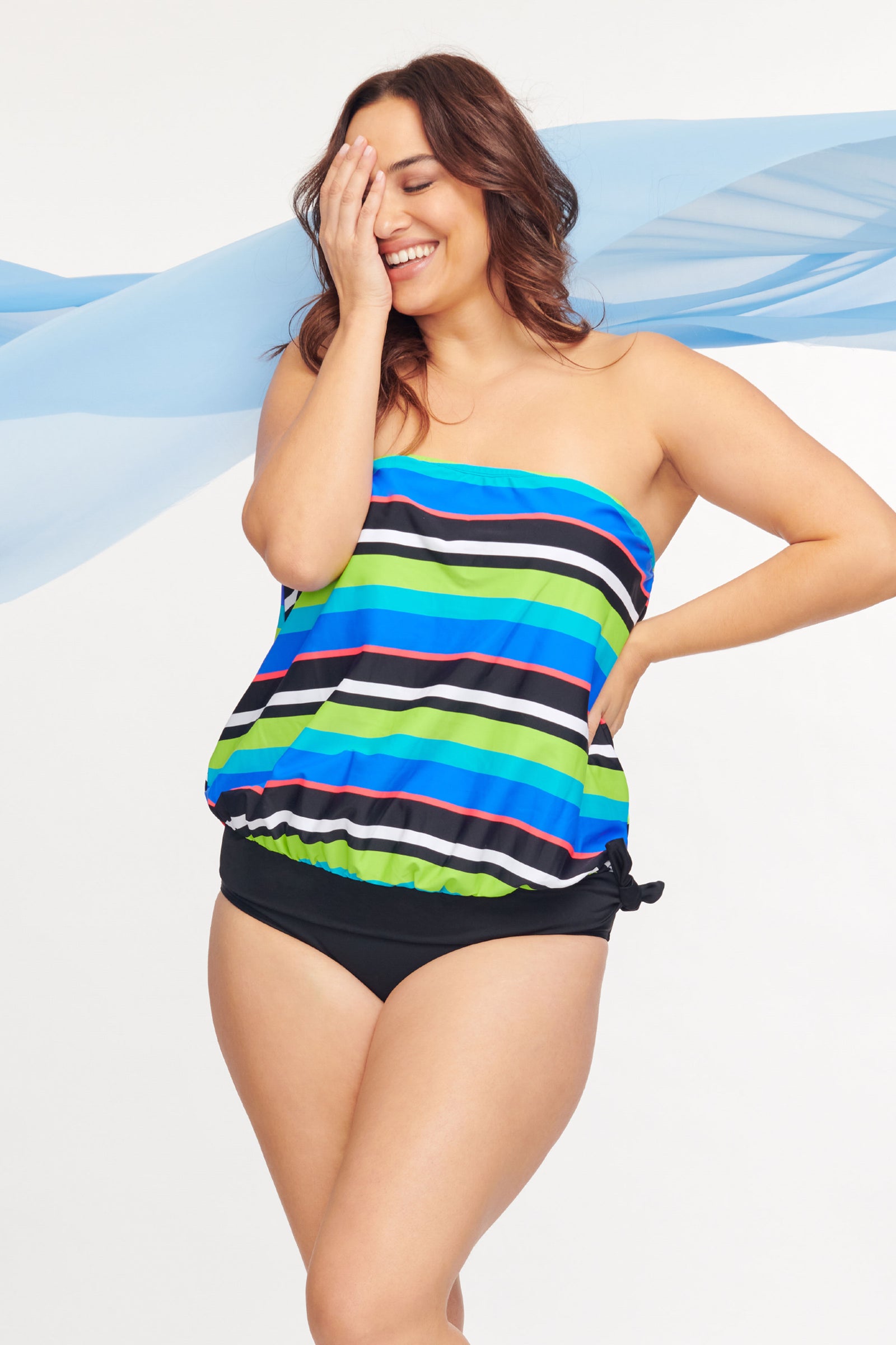 Plus Size Draped Blouson Tankini Top in Bold Stripe – Mazu