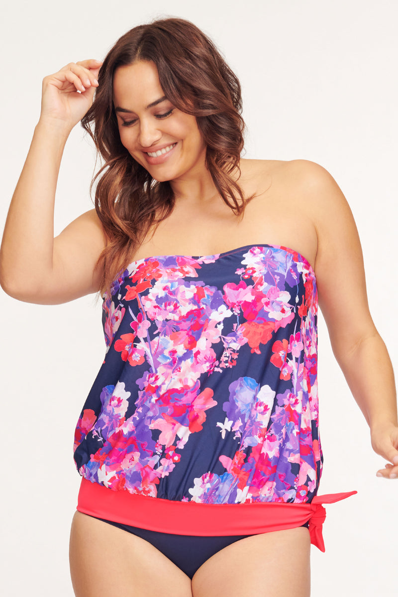Plus Size Draped Blouson Tankini Top in Garden Blossom