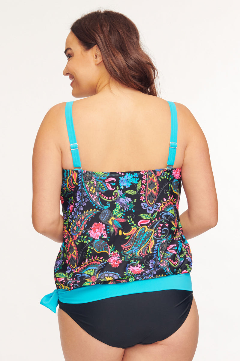 Plus Size Draped Blouson Tankini Top in Paisley Bloom