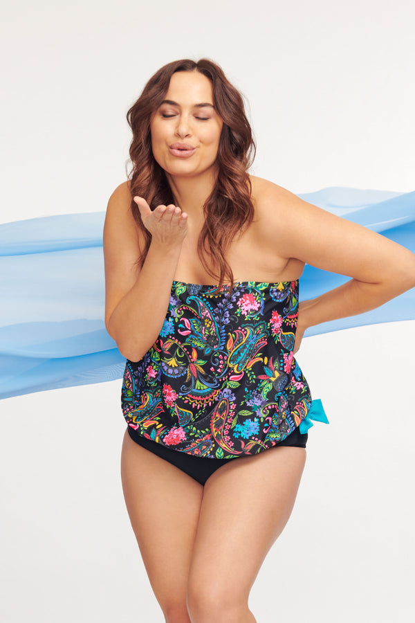 Plus Size Draped Blouson Tankini Top in Paisley Bloom
