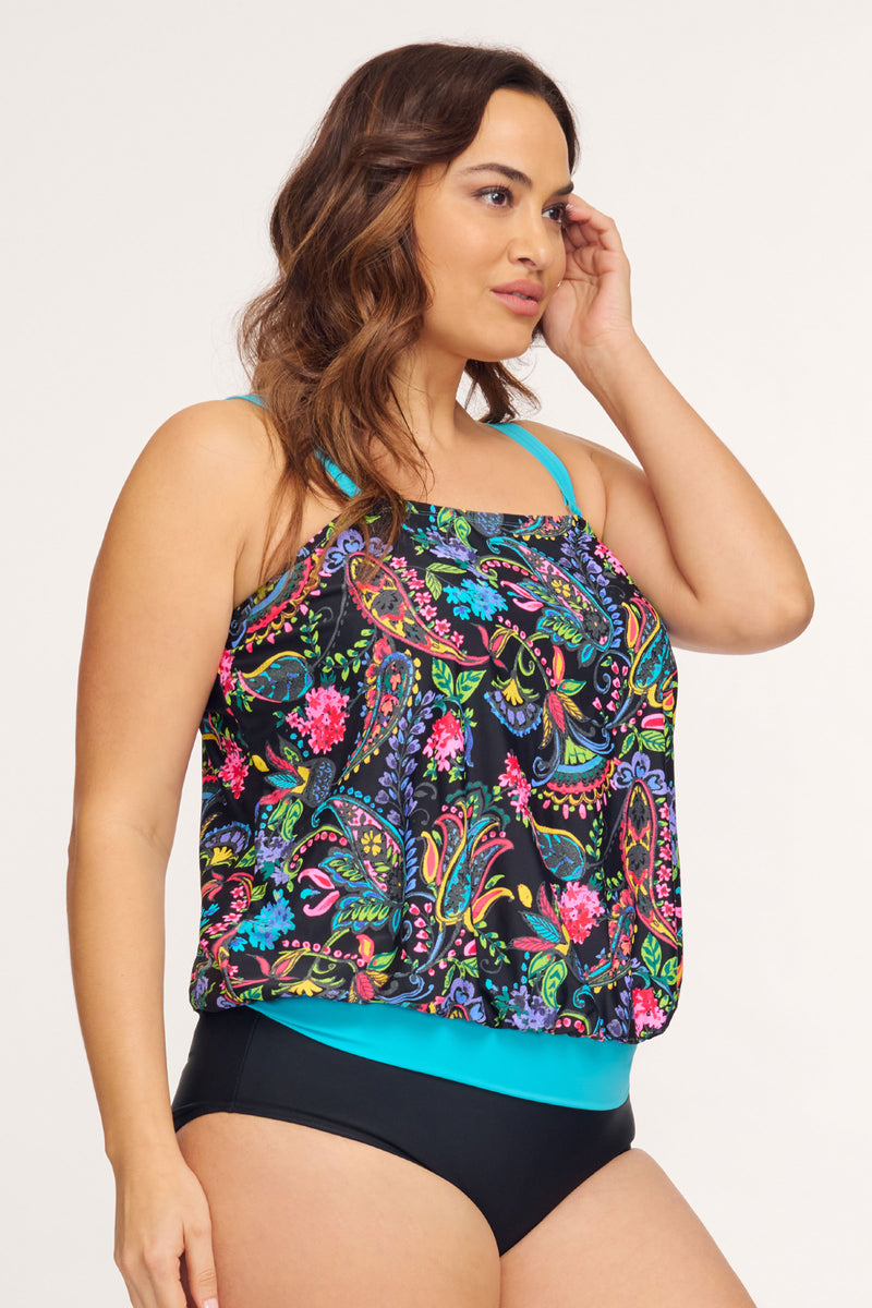 Plus Size Draped Blouson Tankini Top in Paisley Bloom
