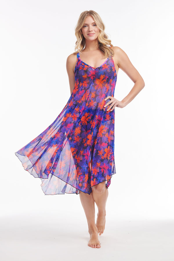 Mid Length Flowy Mesh Coverup Tank Dress in Iridescent Blooms