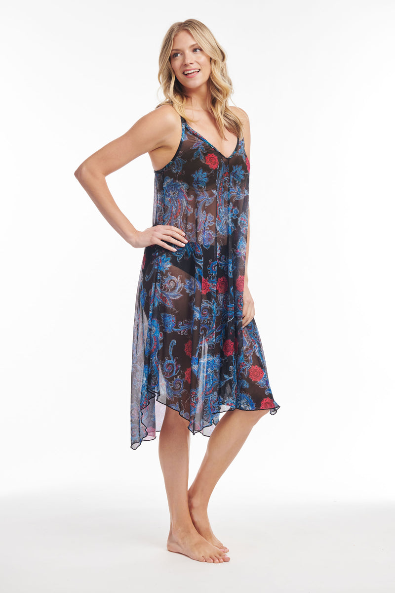 Mid Length Flowy Mesh Coverup Tank Dress in Linework Paisley