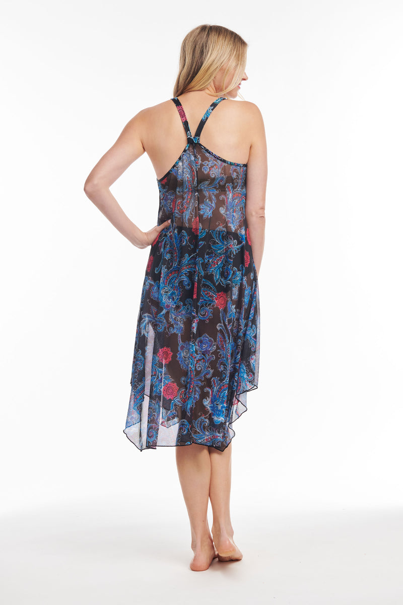Mid Length Flowy Mesh Coverup Tank Dress in Linework Paisley