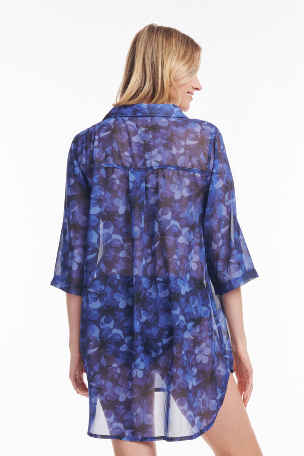 Collared Pullover Tunic Coverup in Iridescent Blooms