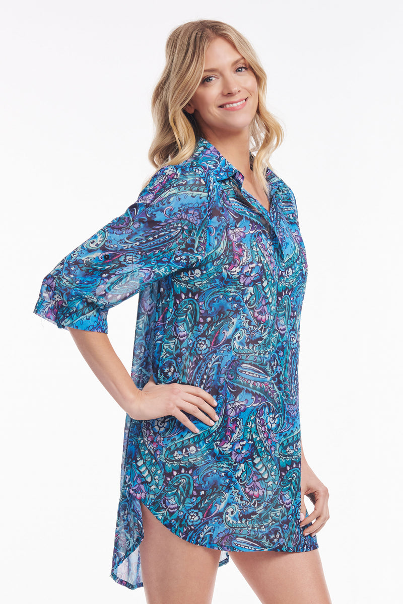 Collared Pullover Tunic Coverup in Sea Breeze Paisley