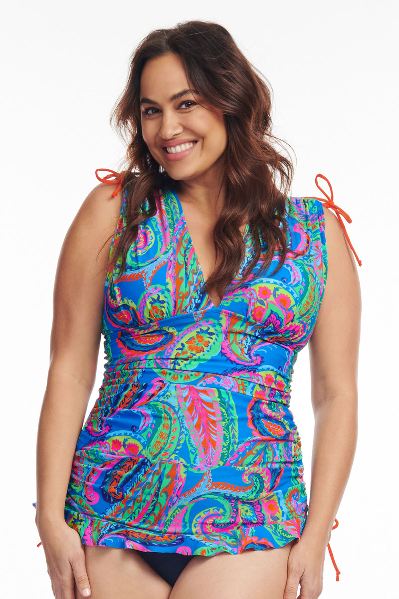 Plus Size Grecian Skater 2-in-1 Convertible Length Tankini Top in French Paisley