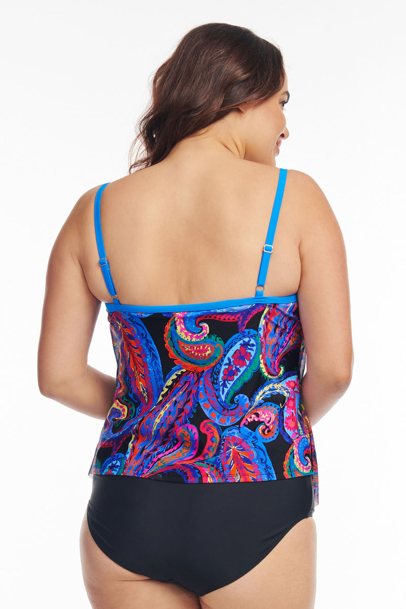 Plus Size Draped Tier Mesh Tankini Top in French Paisley