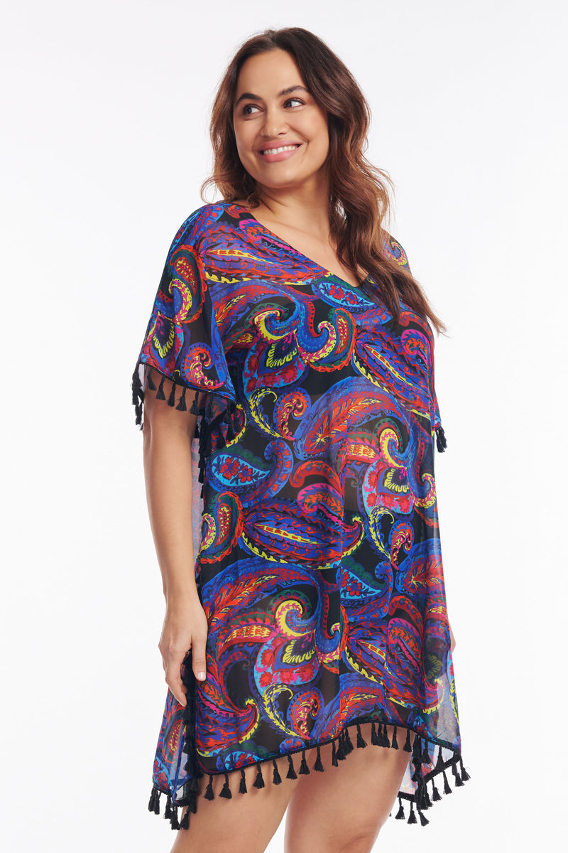Plus Size Kaftan Coverup with Tassel Trim in French Paisley