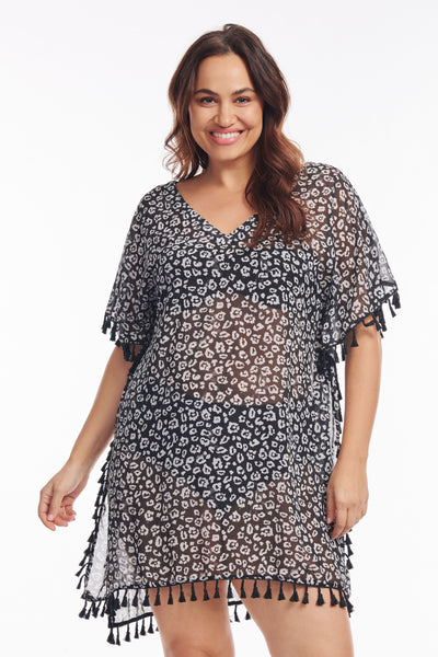 Plus Size Kaftan Coverup with Tassel Trim in Tie Dye Cheetah 