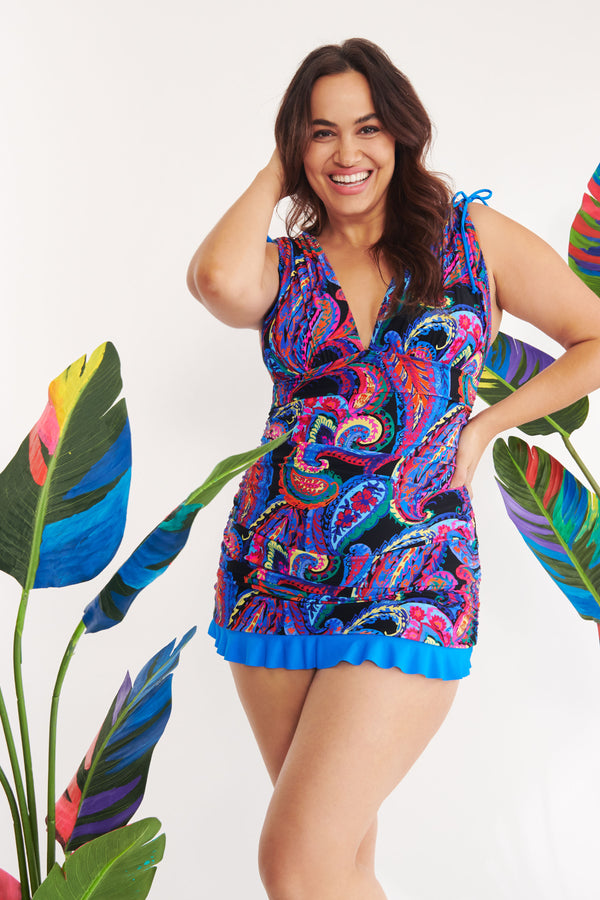 Plus Size Grecian Skater Ruched One Piece Swimdress in French 