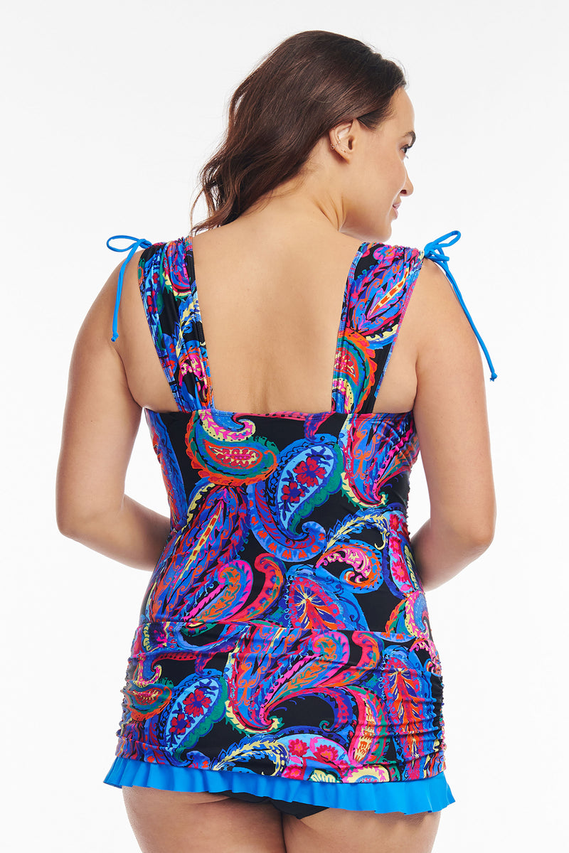 Plus Size Grecian Skater Ruched One Piece Swimdress in French Paisley Black