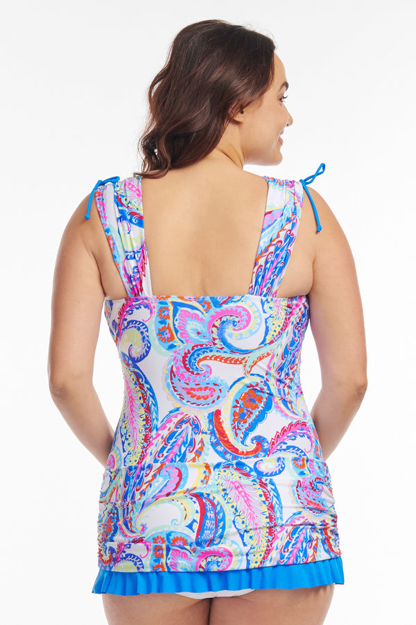 Plus Size Grecian Skater Ruched One Piece Swimdress in French Paisley White