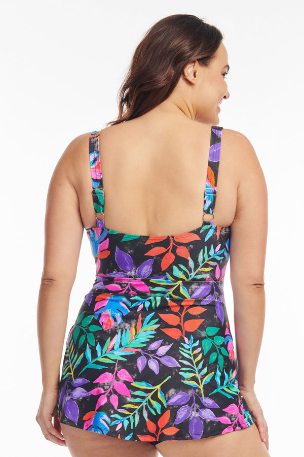 Plus Size Wrap Swim Dress One Piece in Tropical Flora