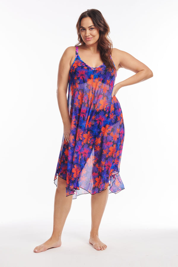 Plus Size Mid Length Flowy Mesh Coverup Tank Dress in Iridescent Blooms