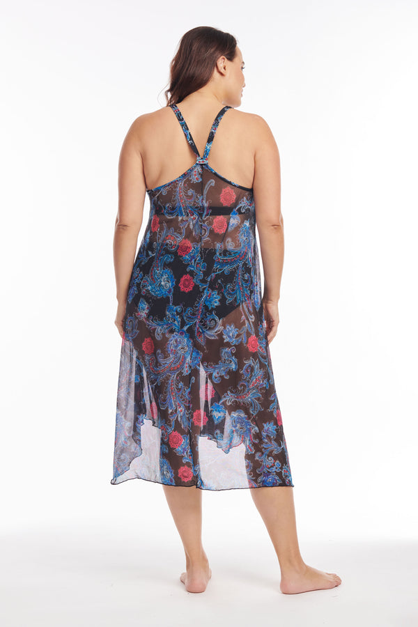 Plus Size Mid Length Flowy Mesh Coverup Tank Dress in Linework Paisley