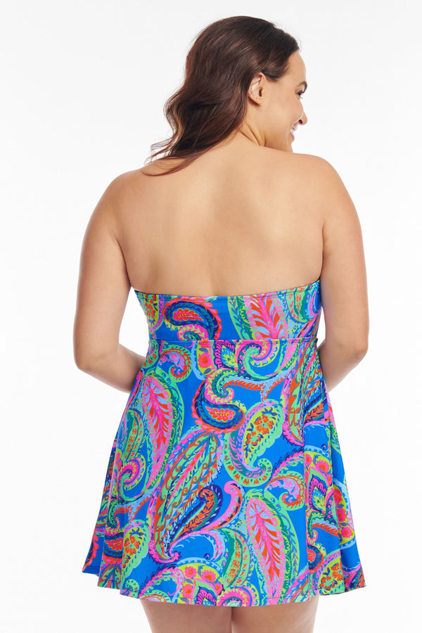 Plus Size Twist Front A-Line Swimdress One Piece in French Paisley