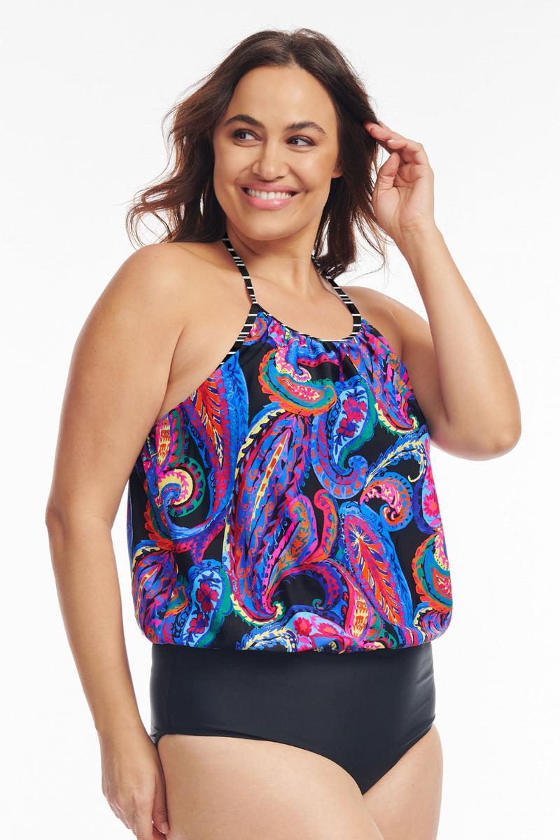 Plus Size High Neck Halter Blouson One Piece in French Paisley