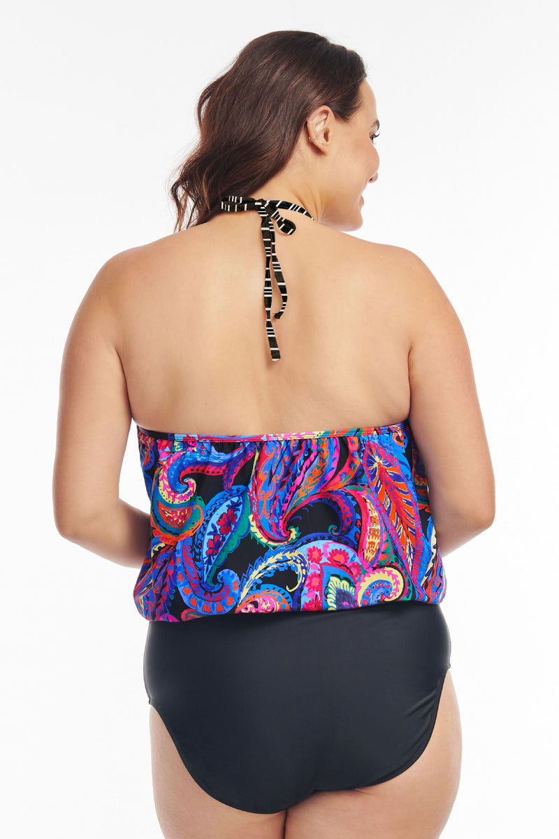 Plus Size High Neck Halter Blouson One Piece in French Paisley