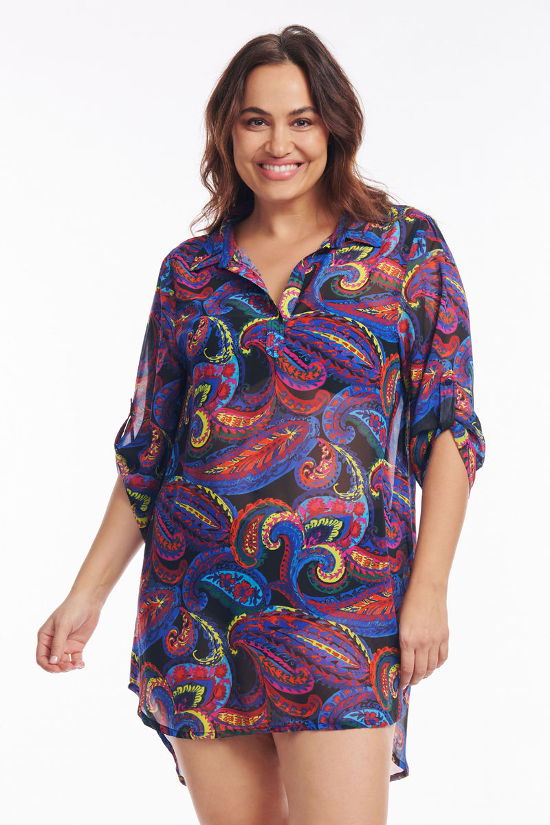 Plus Size Collared Pullover Tunic Coverup in French Paisley
